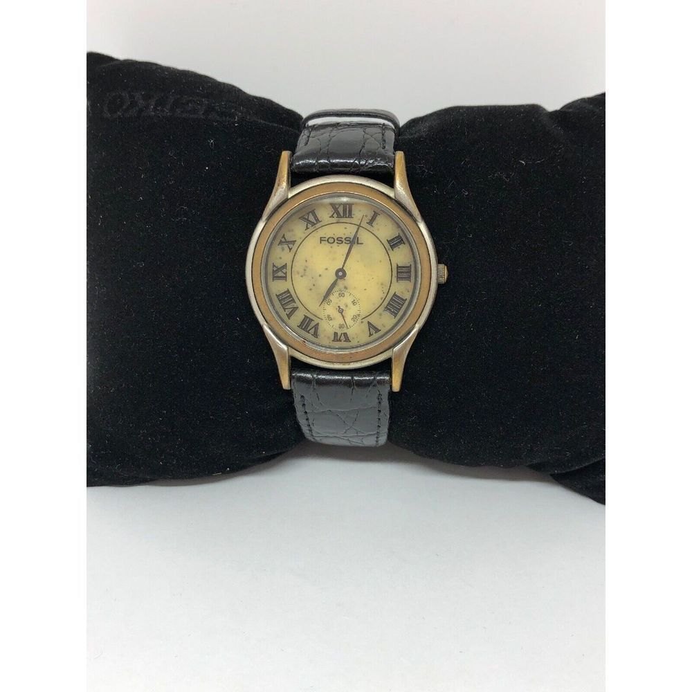 Fossil BE6740 Unisex Gold Dial Black Leather Strap Quartz Analog Watch Bb125